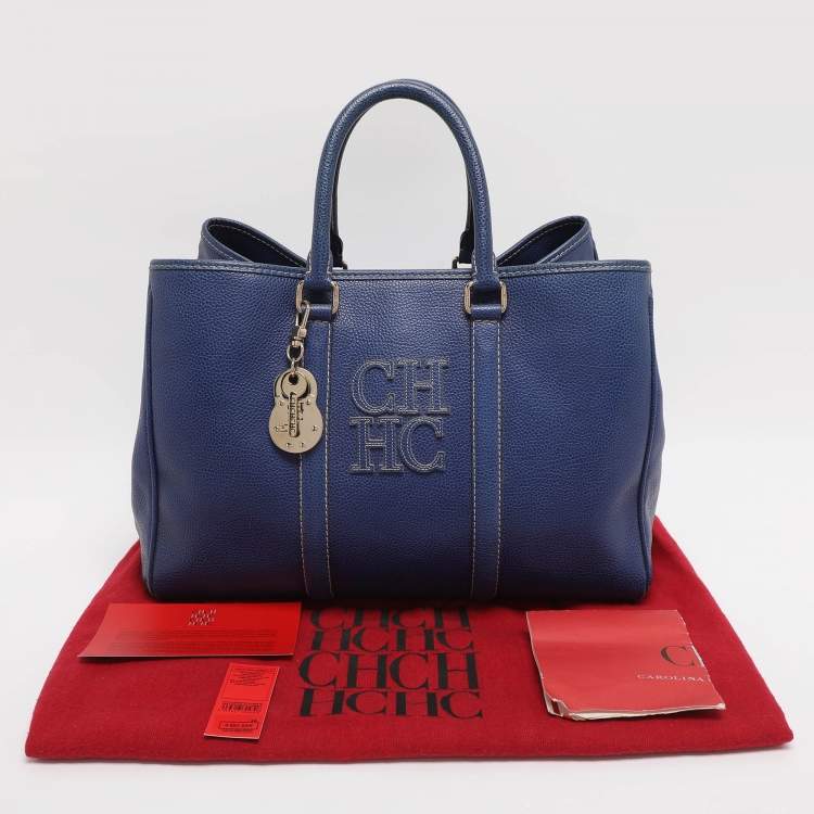 Pre Owned CH Carolina Herrera Blue Grained Leather Matteo Tote