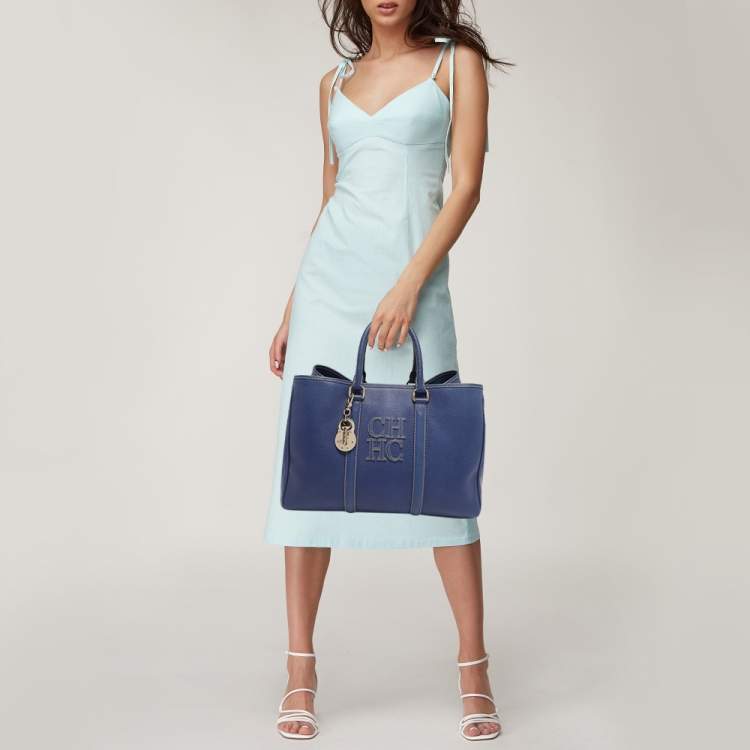 Pre Owned CH Carolina Herrera Blue Grained Leather Matteo Tote