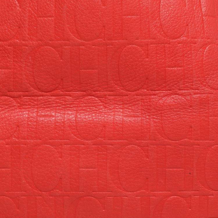 Pre Owned CH Carolina Herrera Red Monogram Embossed Leather Chain Handle Tote