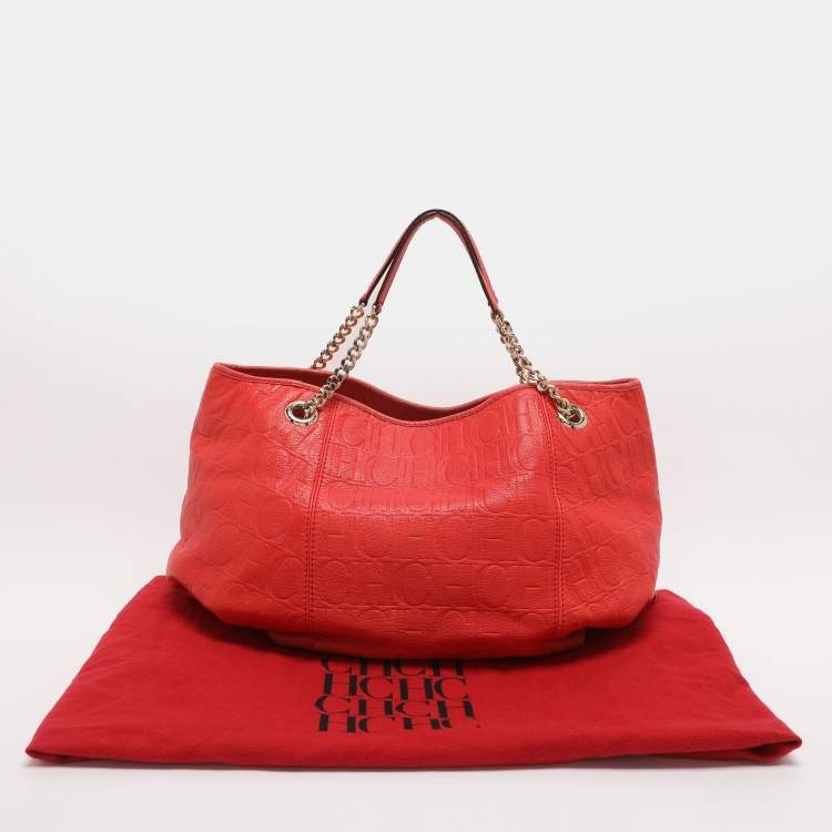 Pre Owned CH Carolina Herrera Red Monogram Embossed Leather Chain Handle Tote