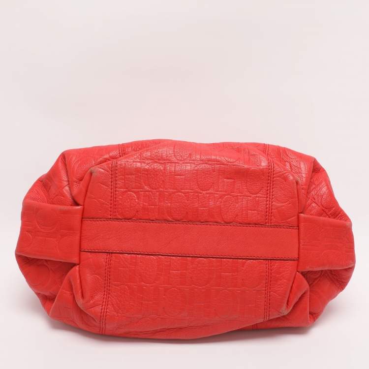 Pre Owned CH Carolina Herrera Red Monogram Embossed Leather Chain Handle Tote