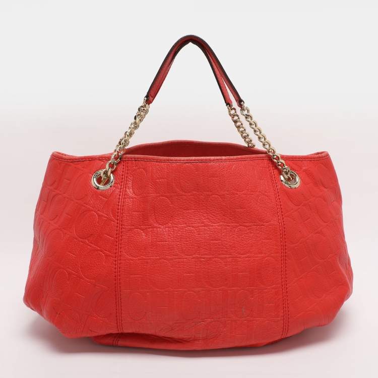 Pre Owned CH Carolina Herrera Red Monogram Embossed Leather Chain Handle Tote