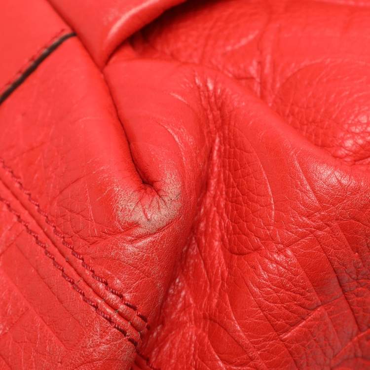 Pre Owned CH Carolina Herrera Red Monogram Embossed Leather Chain Handle Tote