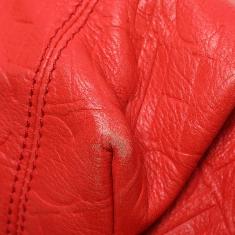 Pre Owned CH Carolina Herrera Red Monogram Embossed Leather Chain Handle Tote