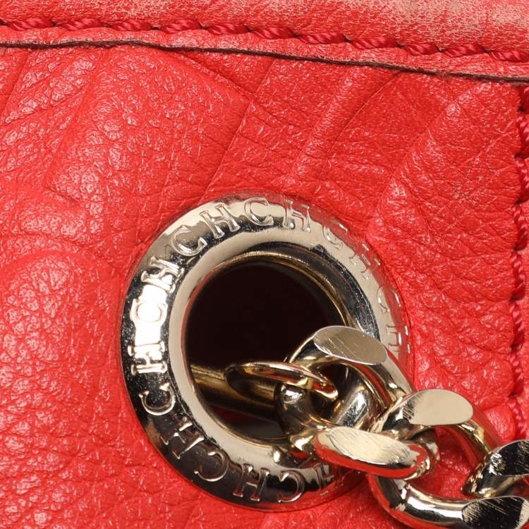 Pre Owned CH Carolina Herrera Red Monogram Embossed Leather Chain Handle Tote
