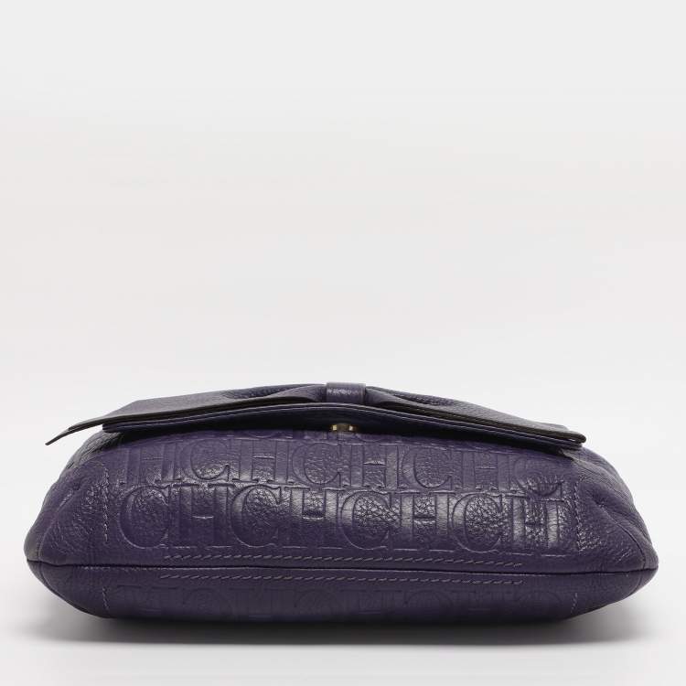 Pre Owned CH Carolina Herrera Purple Monogram Embossed Leather Audrey Shoulder Bag