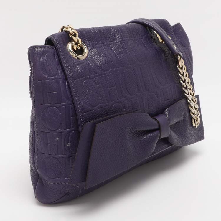 Pre Owned CH Carolina Herrera Purple Monogram Embossed Leather Audrey Shoulder Bag
