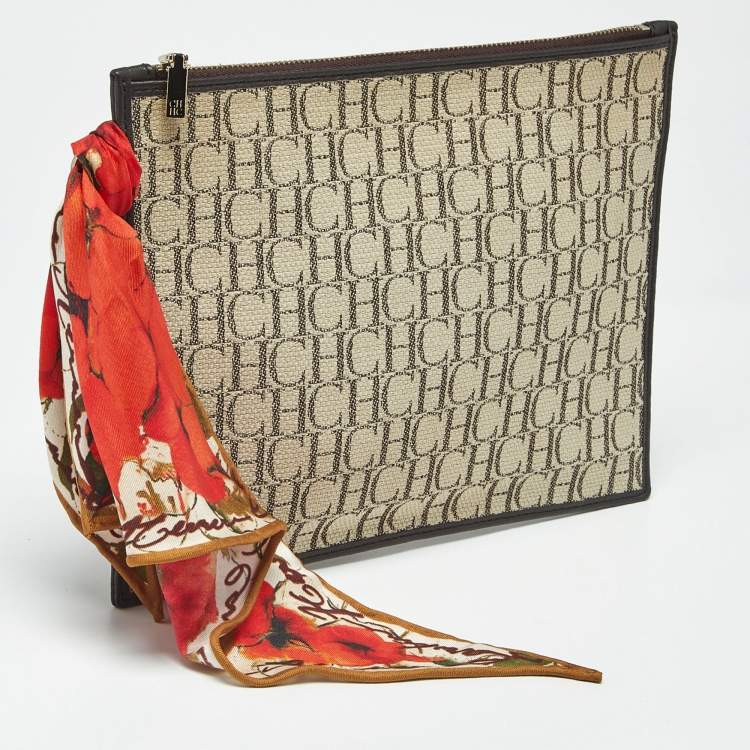 Pre Owned CH Carolina Herrera Beige/Brown Monogram Canvas Continental Pouch