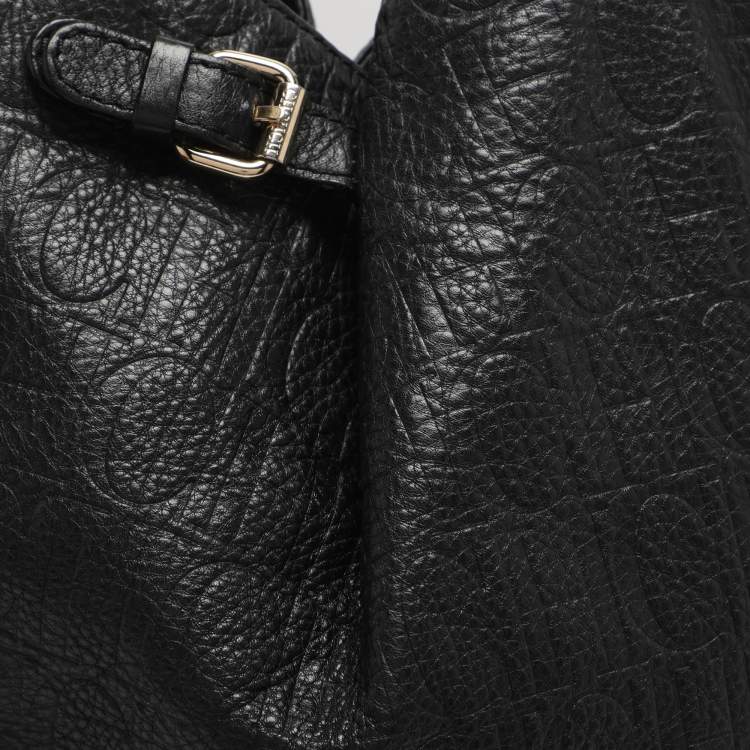 Pre Owned CH Carolina Herrera Black Monogram Embossed Leather Belt Tote
