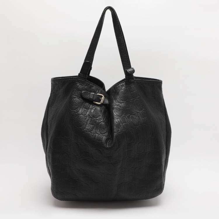 Pre Owned CH Carolina Herrera Black Monogram Embossed Leather Belt Tote