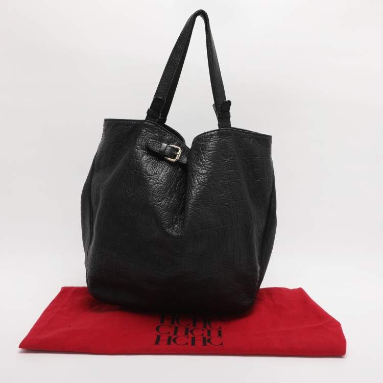 Pre Owned CH Carolina Herrera Black Monogram Embossed Leather Belt Tote
