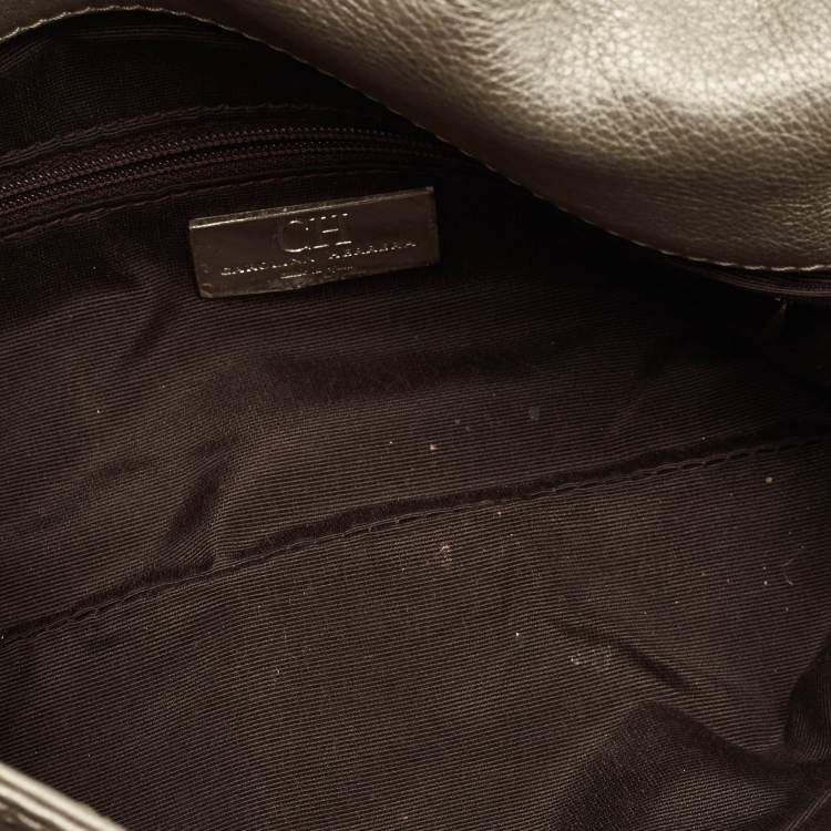 Pre Owned CH Caroline Herrera Metallic Grey Monogram Embossed Leather Bow Chain Clutch