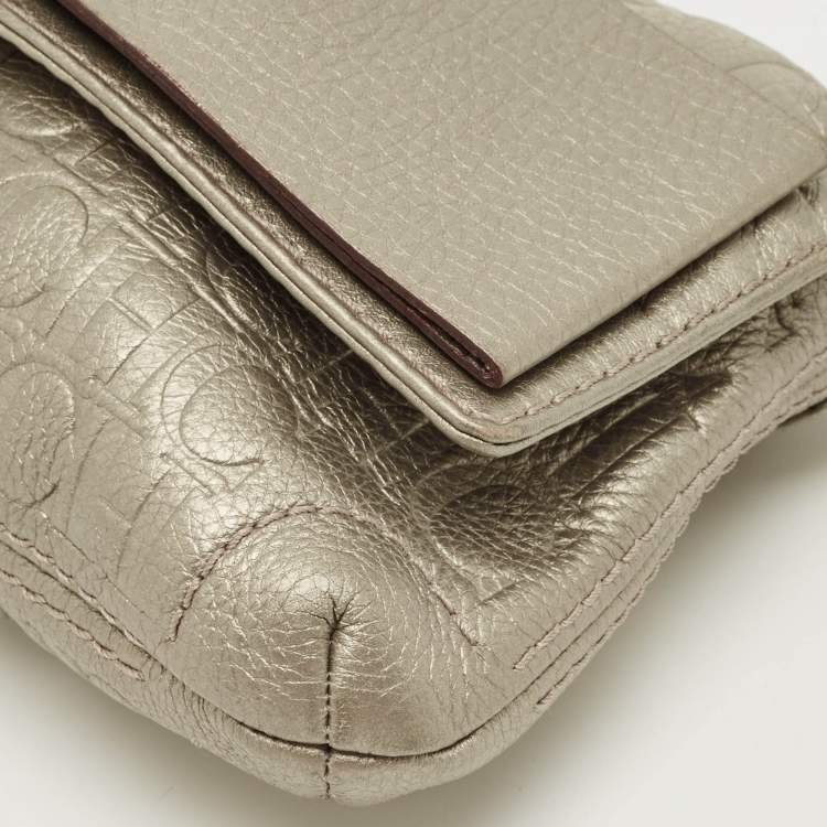 Pre Owned CH Caroline Herrera Metallic Grey Monogram Embossed Leather Bow Chain Clutch