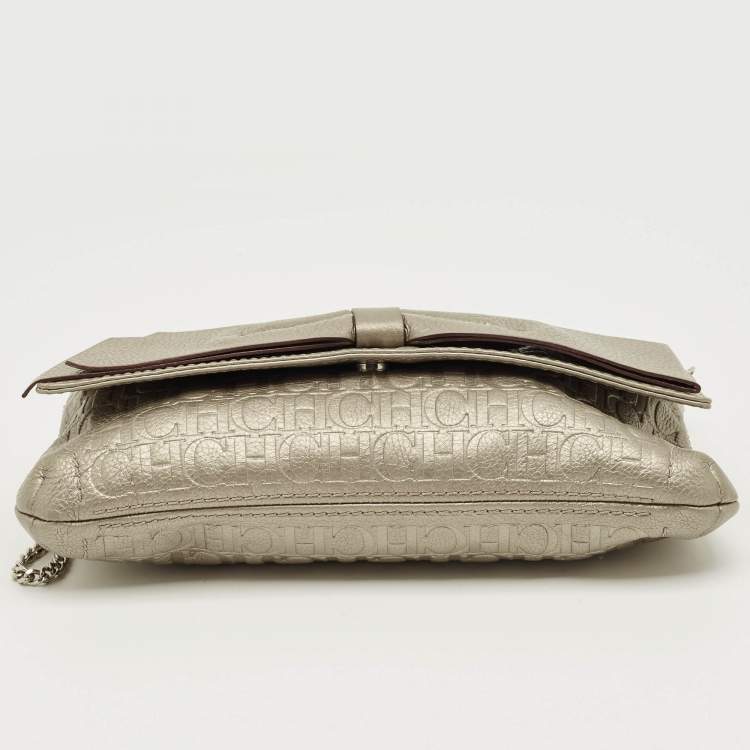 Pre Owned CH Caroline Herrera Metallic Grey Monogram Embossed Leather Bow Chain Clutch