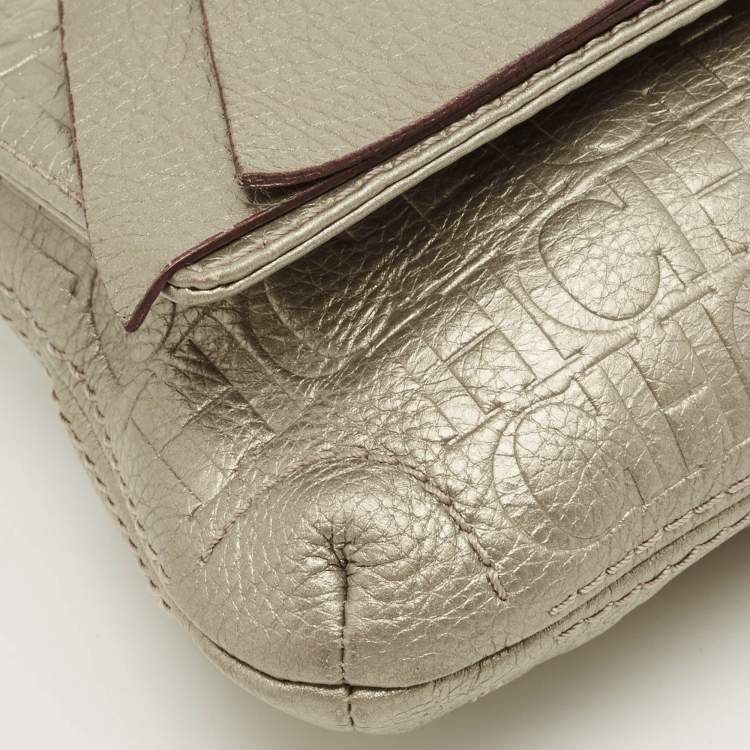 Pre Owned CH Caroline Herrera Metallic Grey Monogram Embossed Leather Bow Chain Clutch