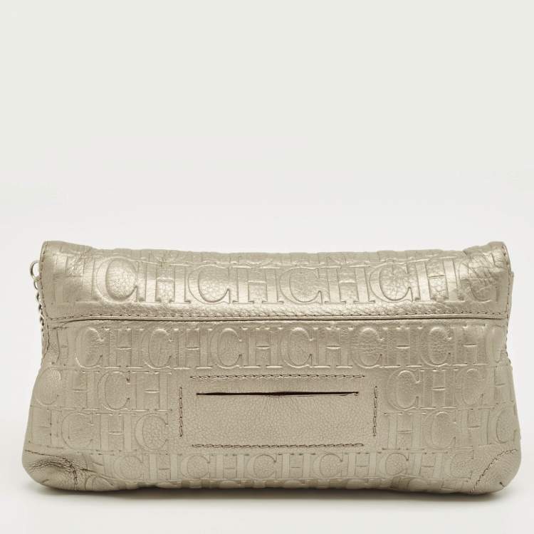 Pre Owned CH Caroline Herrera Metallic Grey Monogram Embossed Leather Bow Chain Clutch
