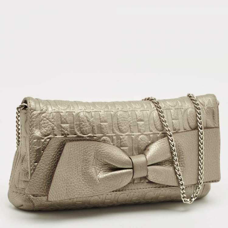 Pre Owned CH Caroline Herrera Metallic Grey Monogram Embossed Leather Bow Chain Clutch