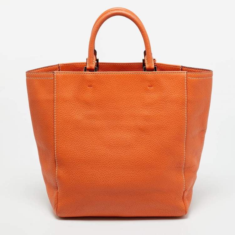 Pre Owned CH Carolina Herrera Orange Leather Front Pocket Tote