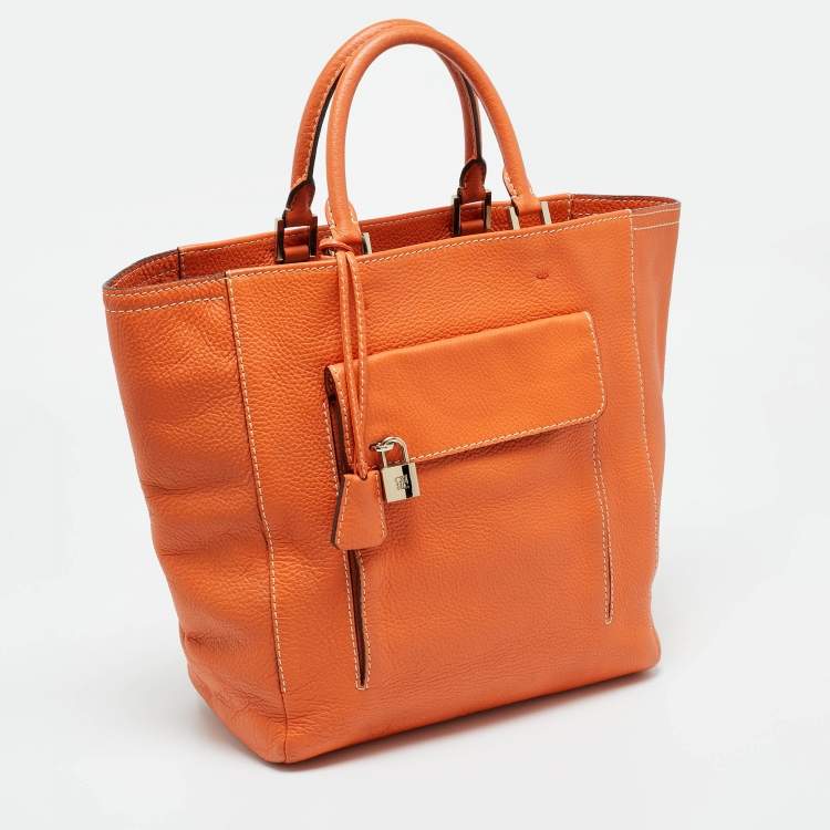 Pre Owned CH Carolina Herrera Orange Leather Front Pocket Tote
