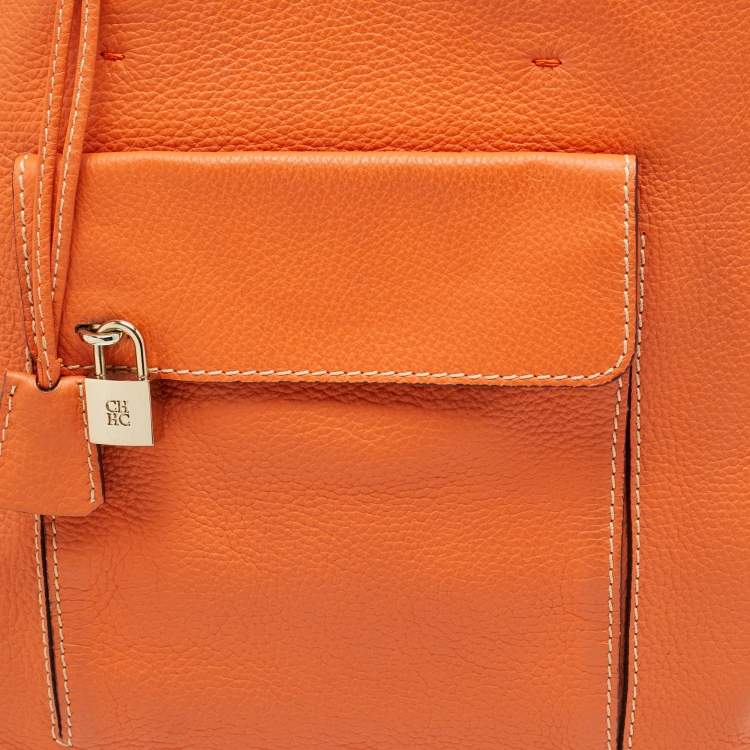 Pre Owned CH Carolina Herrera Orange Leather Front Pocket Tote