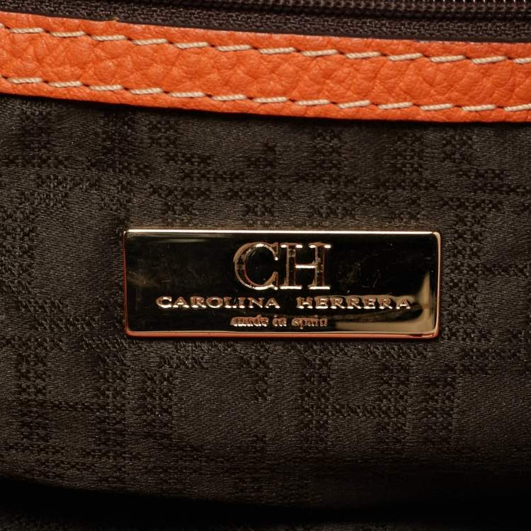 Pre Owned CH Carolina Herrera Orange Leather Front Pocket Tote