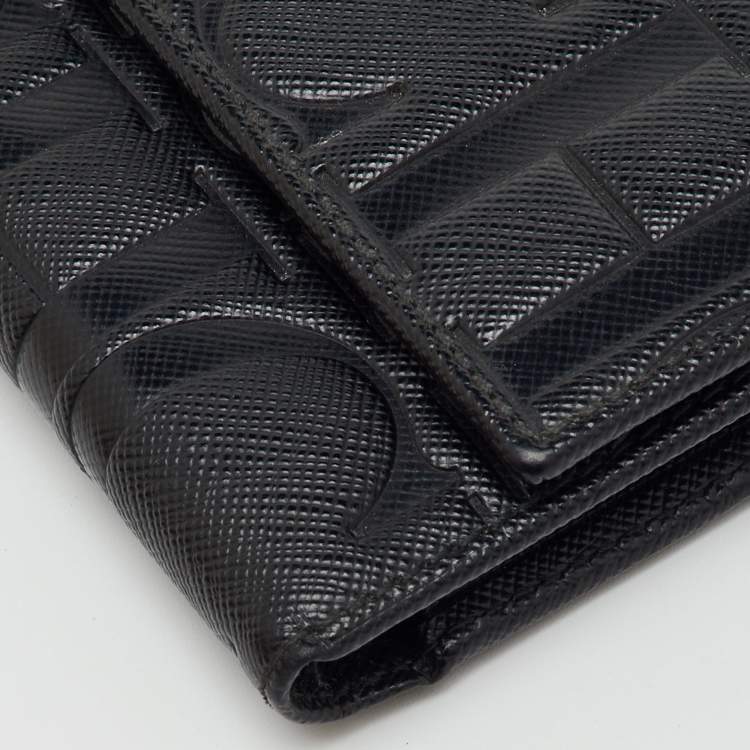 Pre Owned CH Carolina Herrera Black Leather Logo Embossed Trifold Wallet