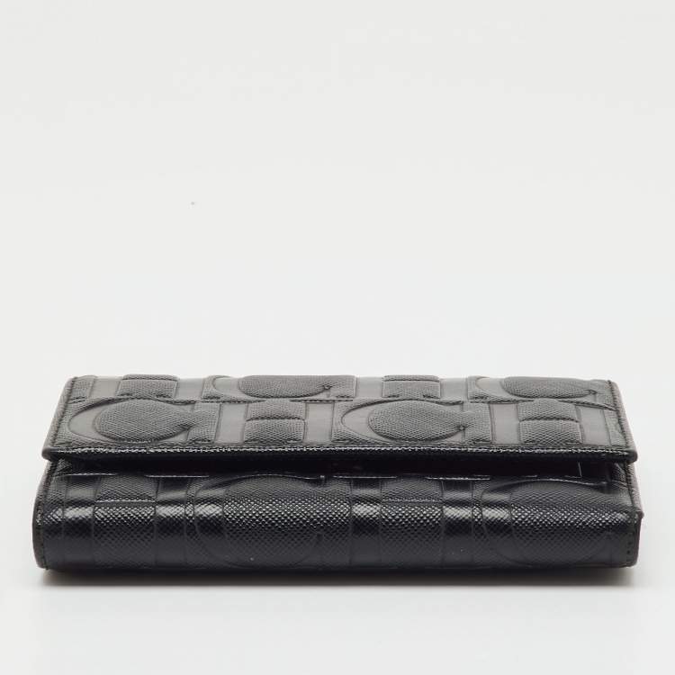 Pre Owned CH Carolina Herrera Black Leather Logo Embossed Trifold Wallet