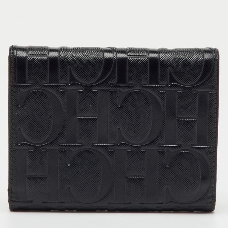Pre Owned CH Carolina Herrera Black Leather Logo Embossed Trifold Wallet
