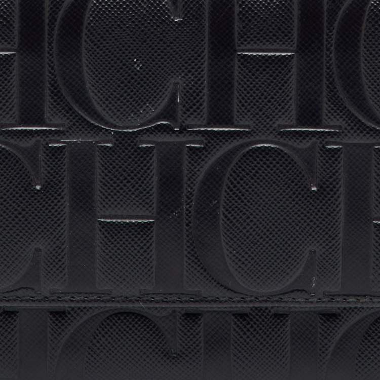 Pre Owned CH Carolina Herrera Black Leather Logo Embossed Trifold Wallet