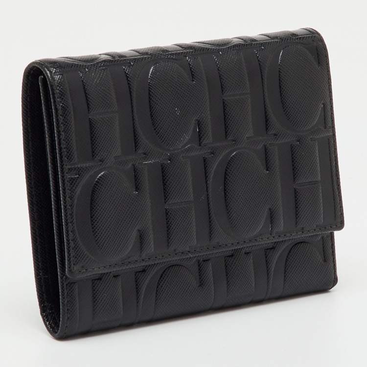 Pre Owned CH Carolina Herrera Black Leather Logo Embossed Trifold Wallet