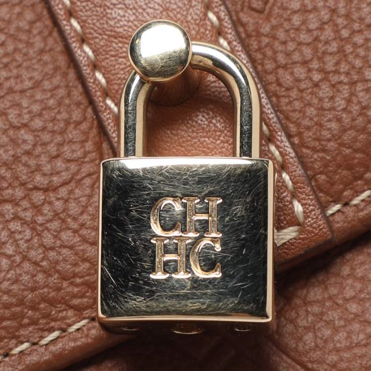 Pre Owned CH Carolina Herrera Brown Monogram Leather Matryoshka Lock Compact Wallet