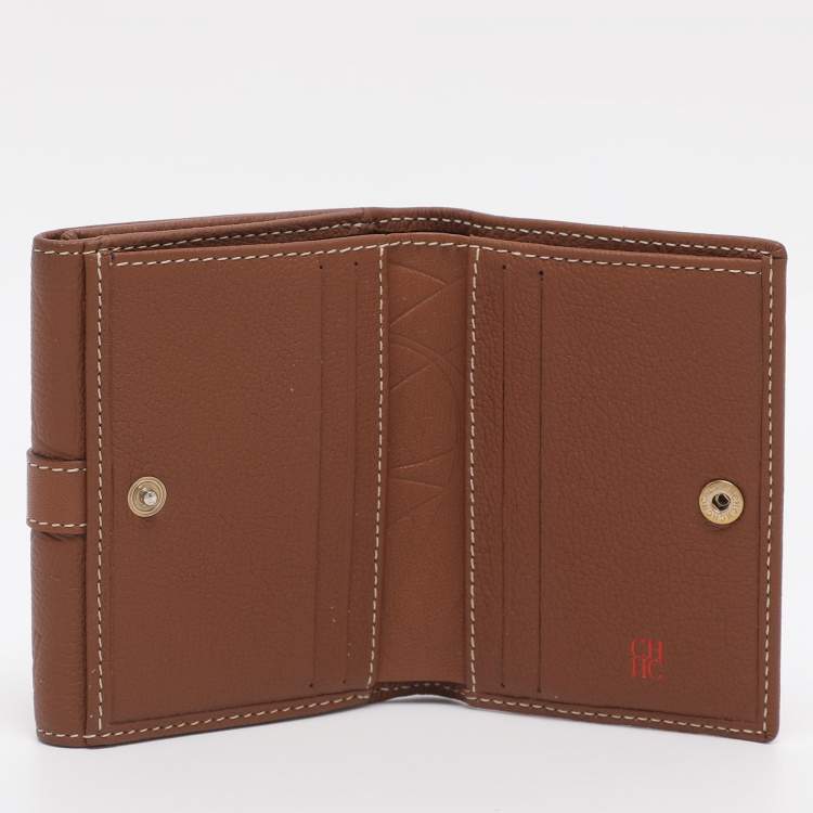 Pre Owned CH Carolina Herrera Brown Monogram Leather Matryoshka Lock Compact Wallet