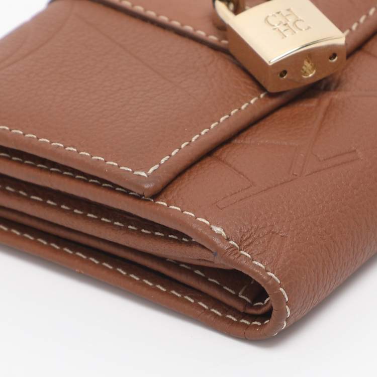 Pre Owned CH Carolina Herrera Brown Monogram Leather Matryoshka Lock Compact Wallet