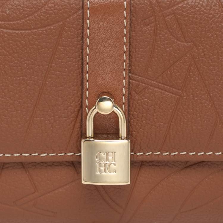 Pre Owned CH Carolina Herrera Brown Monogram Leather Matryoshka Lock Compact Wallet