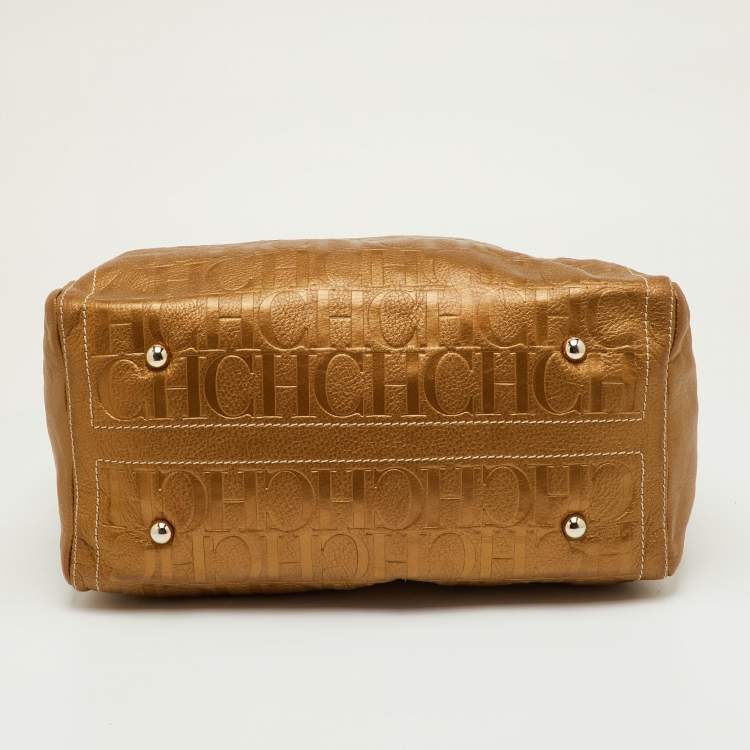 Pre Owned حقيبة بوسطن سي أتس كارولينا هيريرا أندي كبيرة جلد بنقشة مونوجرامي ذهبي معدني