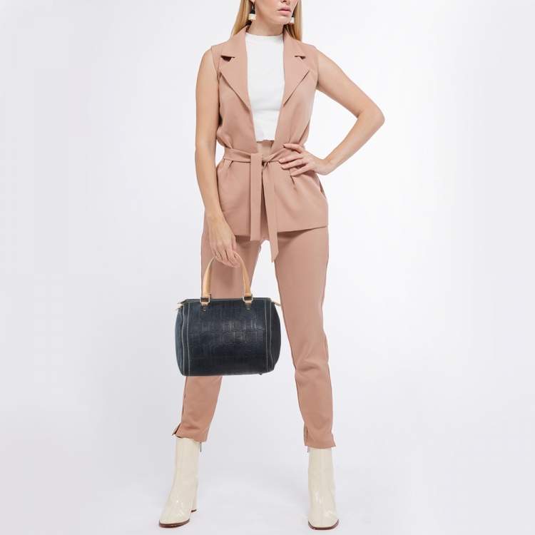 Pre Owned CH Carolina Herrera Navy Blue Monogram Embossed Leather Andy Boston Bag