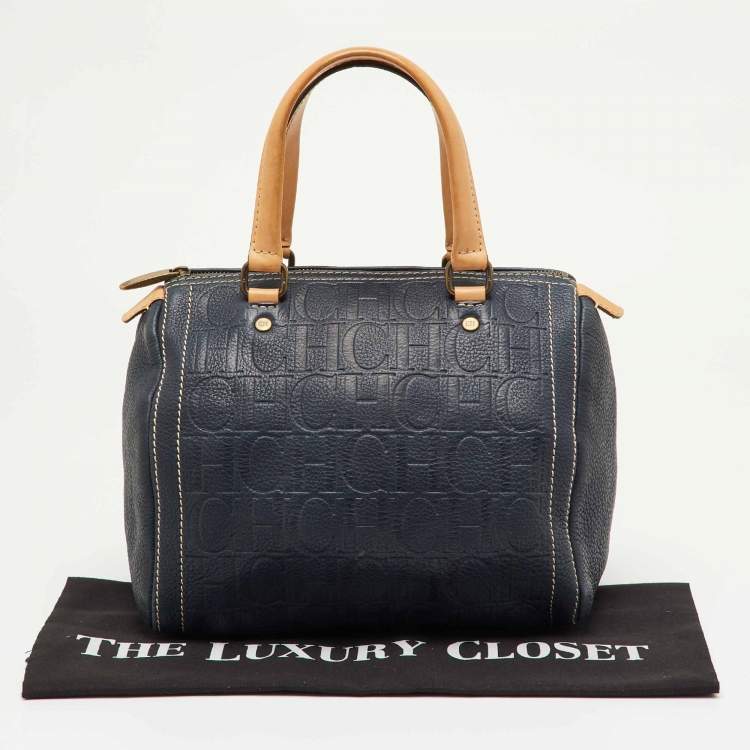 Pre Owned CH Carolina Herrera Navy Blue Monogram Embossed Leather Andy Boston Bag