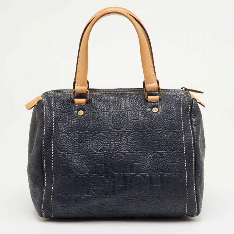 Pre Owned CH Carolina Herrera Navy Blue Monogram Embossed Leather Andy Boston Bag