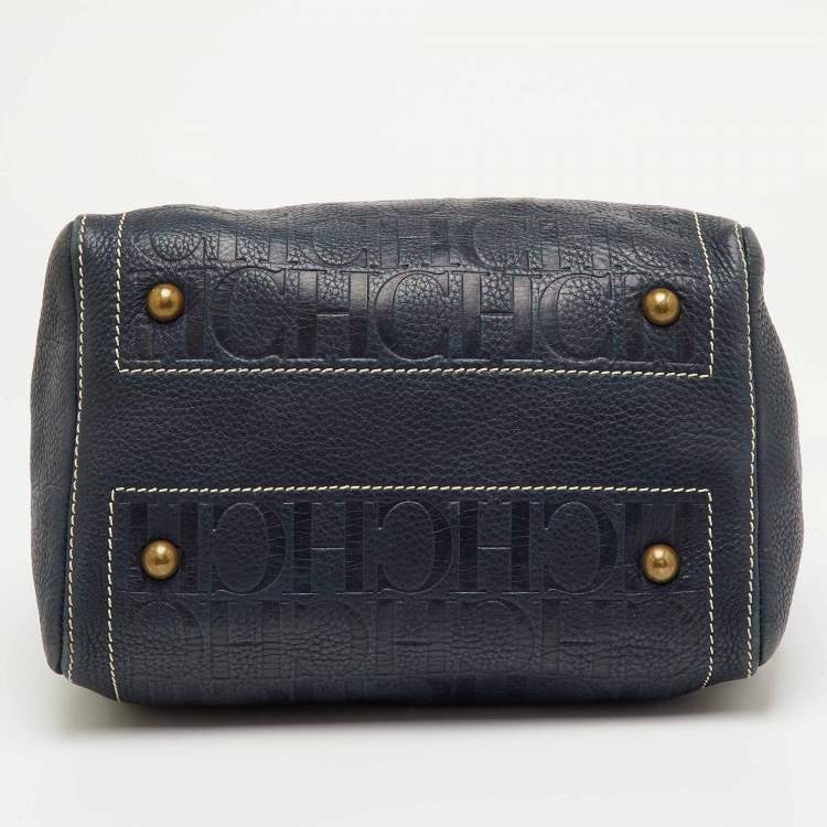 Pre Owned CH Carolina Herrera Navy Blue Monogram Embossed Leather Andy Boston Bag