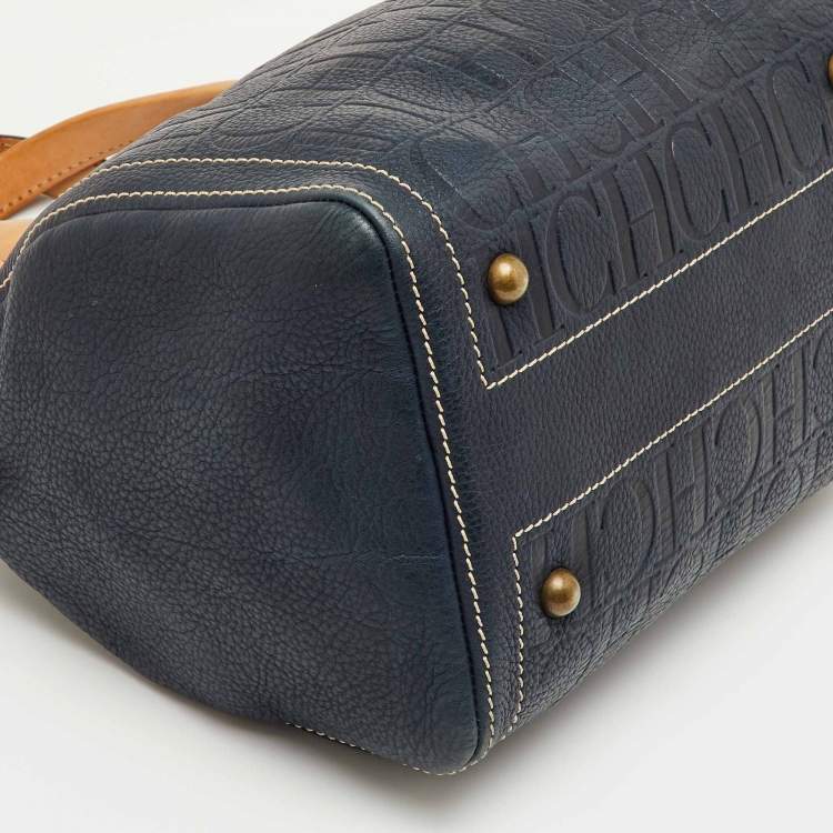 Pre Owned CH Carolina Herrera Navy Blue Monogram Embossed Leather Andy Boston Bag