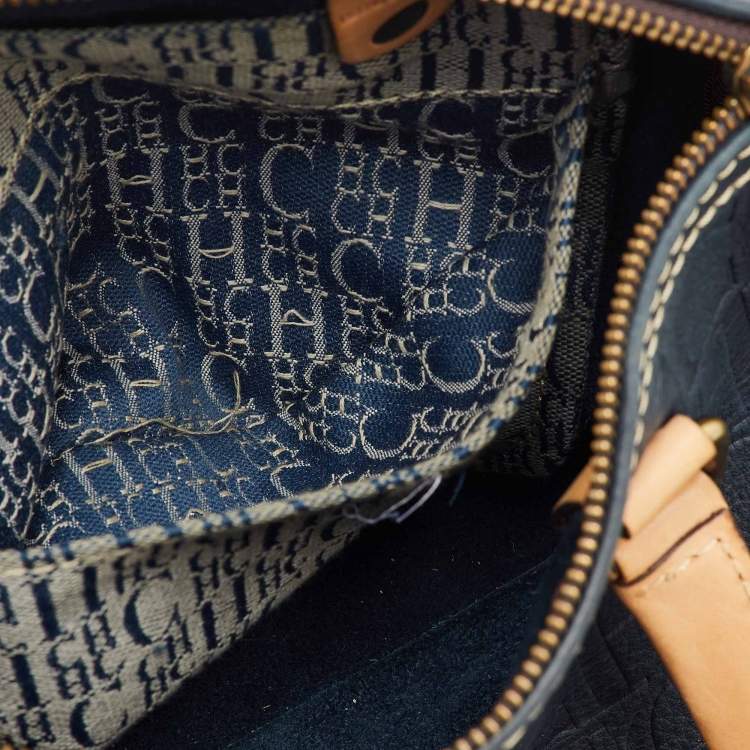 Pre Owned CH Carolina Herrera Navy Blue Monogram Embossed Leather Andy Boston Bag