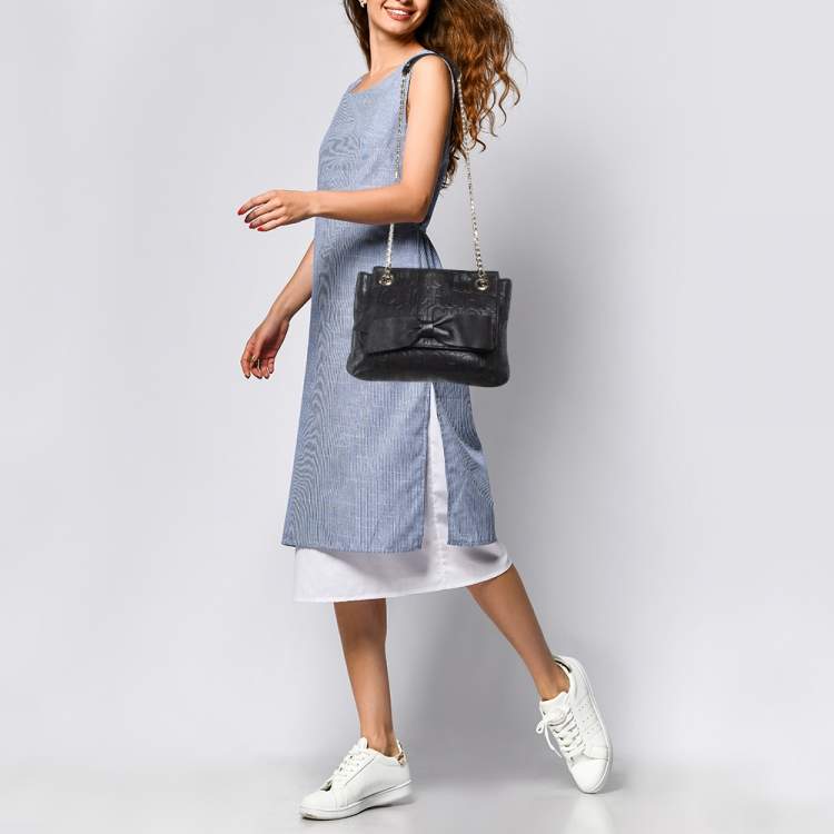 Pre Owned CH Carolina Herrera Black Monogram Embossed Leather Audrey Bow Flap Shoulder Bag