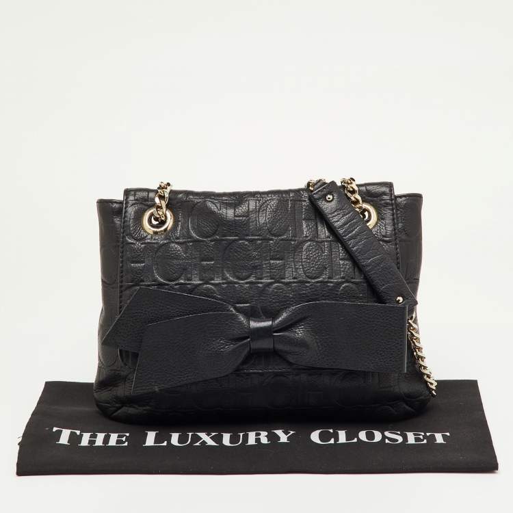 Pre Owned CH Carolina Herrera Black Monogram Embossed Leather Audrey Bow Flap Shoulder Bag