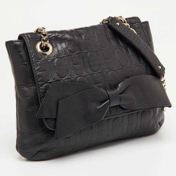 Pre Owned CH Carolina Herrera Black Monogram Embossed Leather Audrey Bow Flap Shoulder Bag