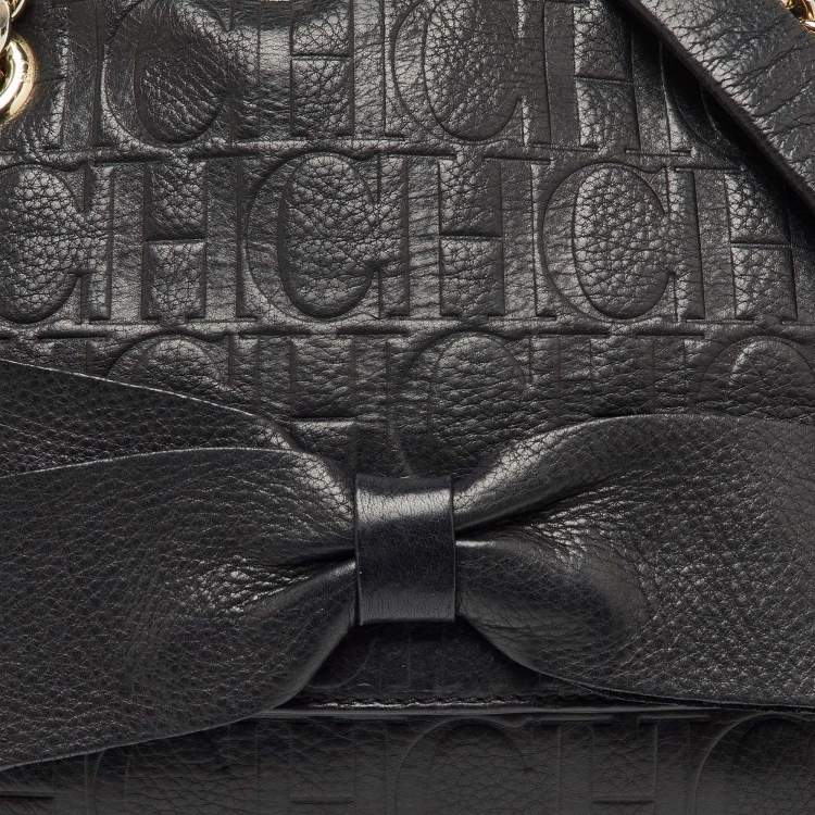 Pre Owned CH Carolina Herrera Black Monogram Embossed Leather Audrey Bow Flap Shoulder Bag