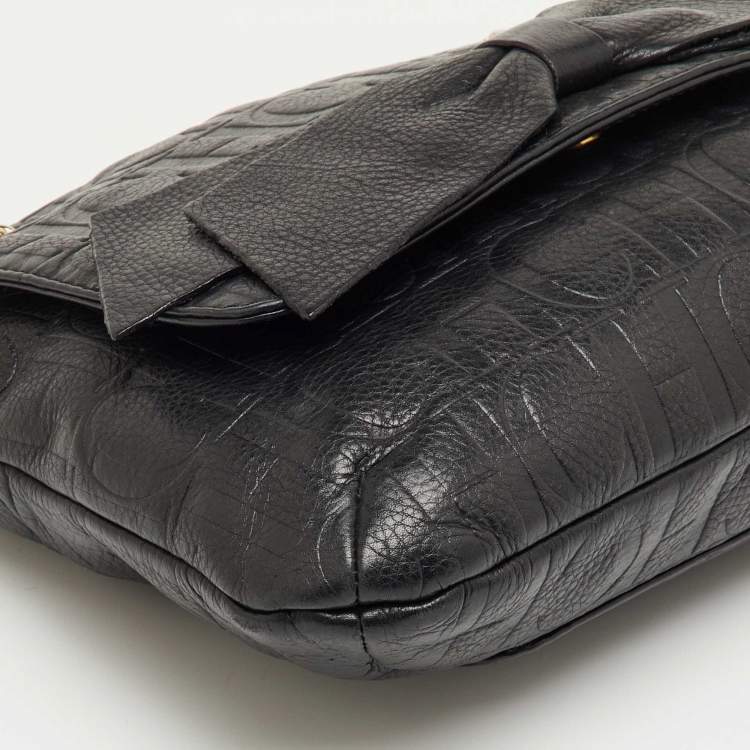 Pre Owned CH Carolina Herrera Black Monogram Embossed Leather Audrey Bow Flap Shoulder Bag