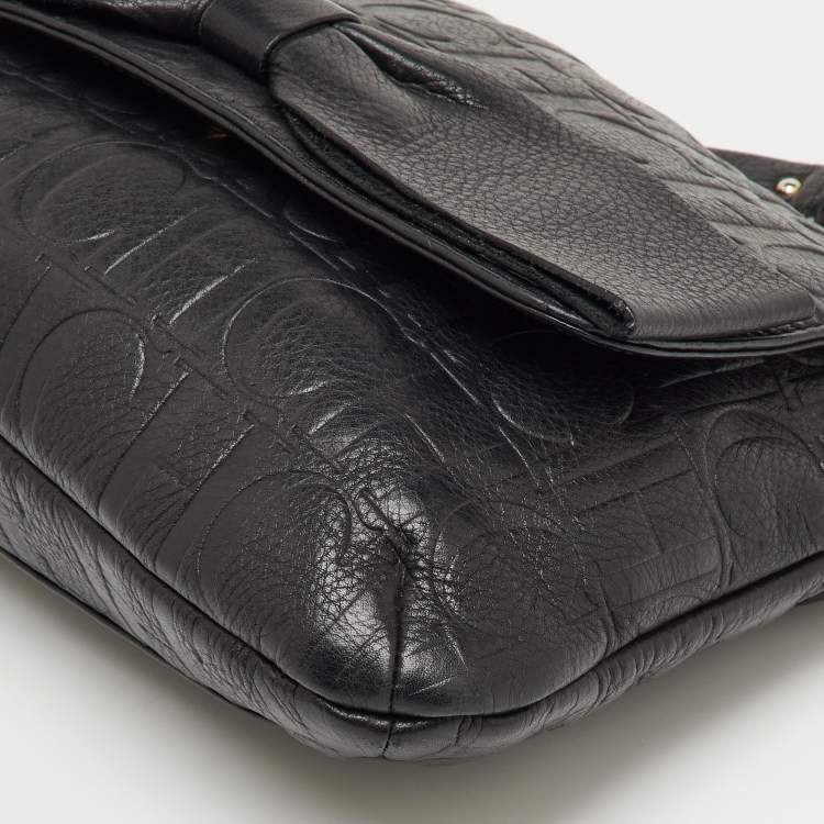Pre Owned CH Carolina Herrera Black Monogram Embossed Leather Audrey Bow Flap Shoulder Bag