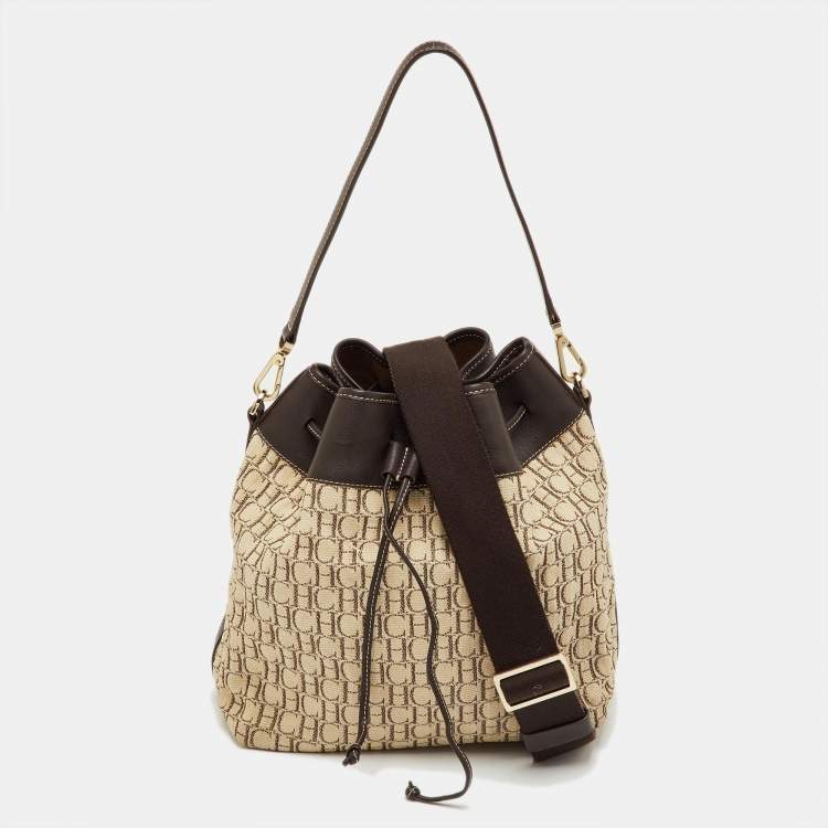Pre Owned CH Carolina Herrera Brown/Beige Monogram Canvas and Leather Drawstring Bucket Bag