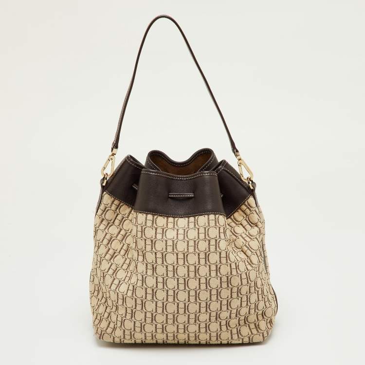Pre Owned CH Carolina Herrera Brown/Beige Monogram Canvas and Leather Drawstring Bucket Bag