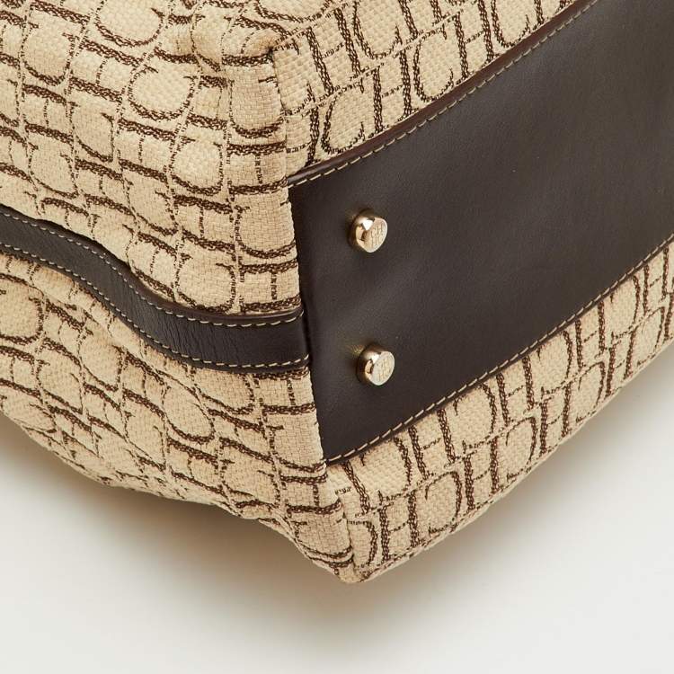 Pre Owned CH Carolina Herrera Brown/Beige Monogram Canvas and Leather Drawstring Bucket Bag